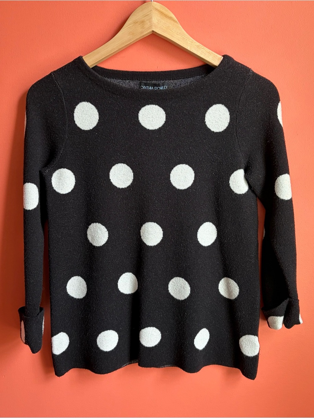 Twee Retro Preppy Polka Dot Boatneck 3/4 Sleeve Sweater Size XS